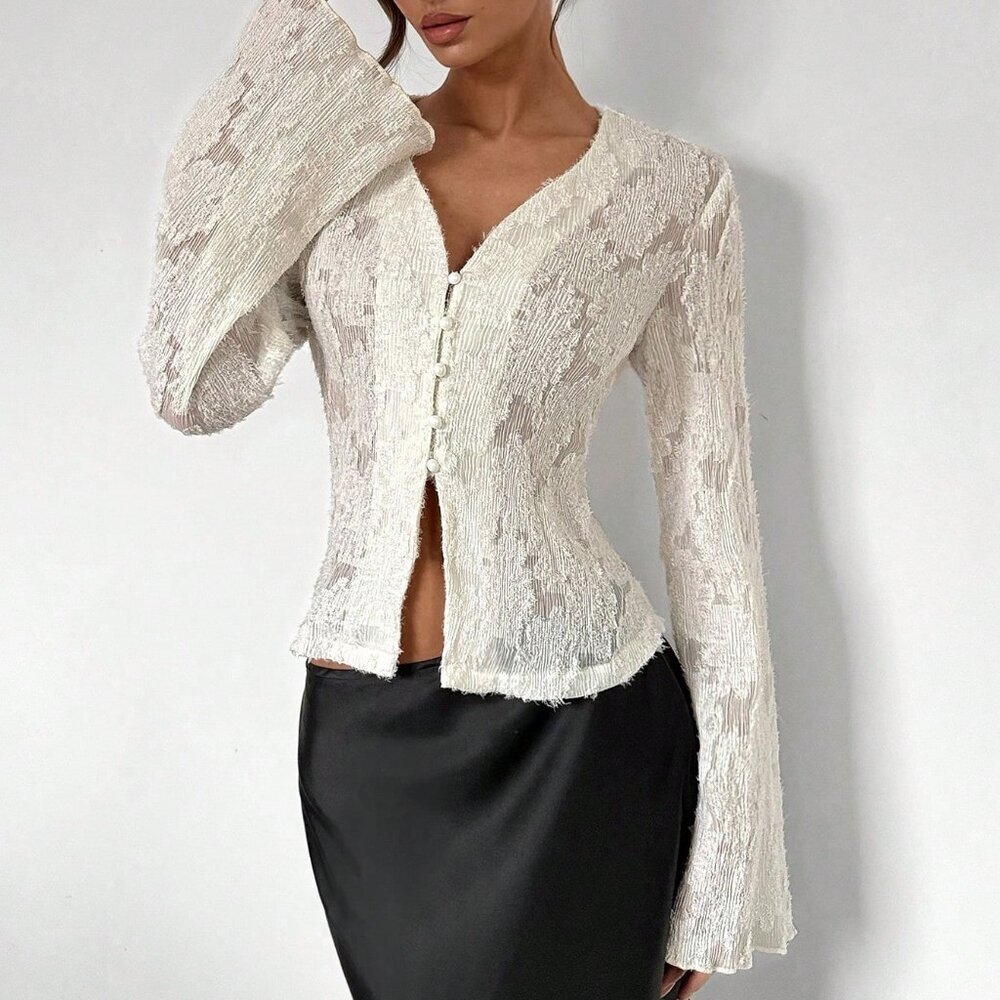 White Elegant Women's Lace Bell Sleeve Blouse - Picture 3 of 6